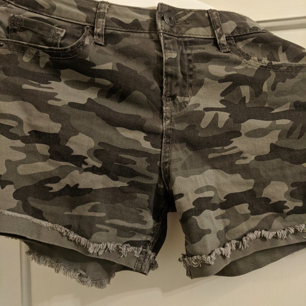Midrise Camo Denim Cutoff Shorts